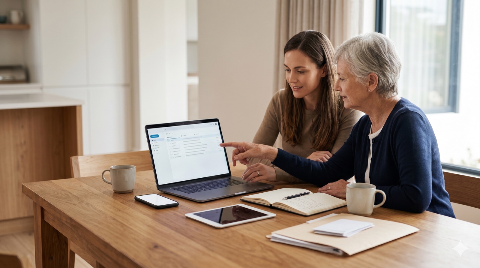 An adult daughter and her aging mother review a digital life checklist together on a laptop at a kitchen table.